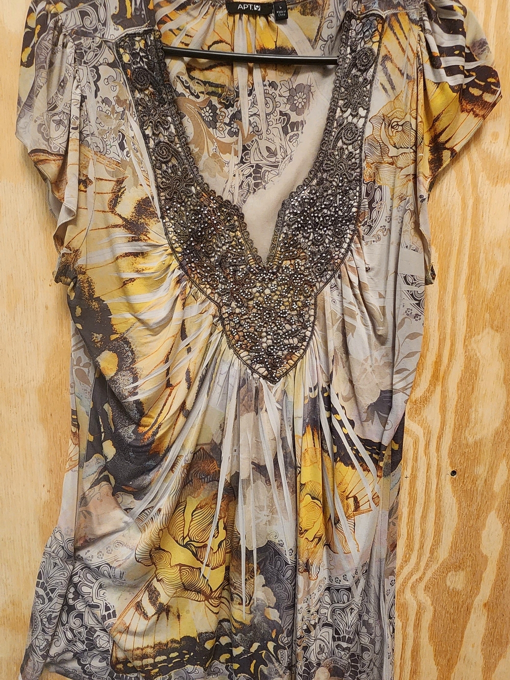 Apt. 9 Yellow and Gray Beaded V-Neck Floral Top